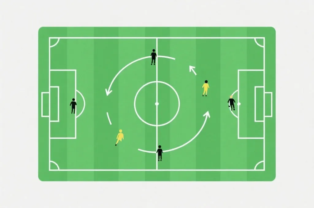 Conceptual tactical diagram of a football pitch with strategic movement lines